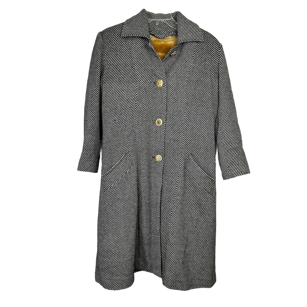 Vintage Black & White Wool Coat 90s Diagonal Stripes Teddy Bear Lining. See Size